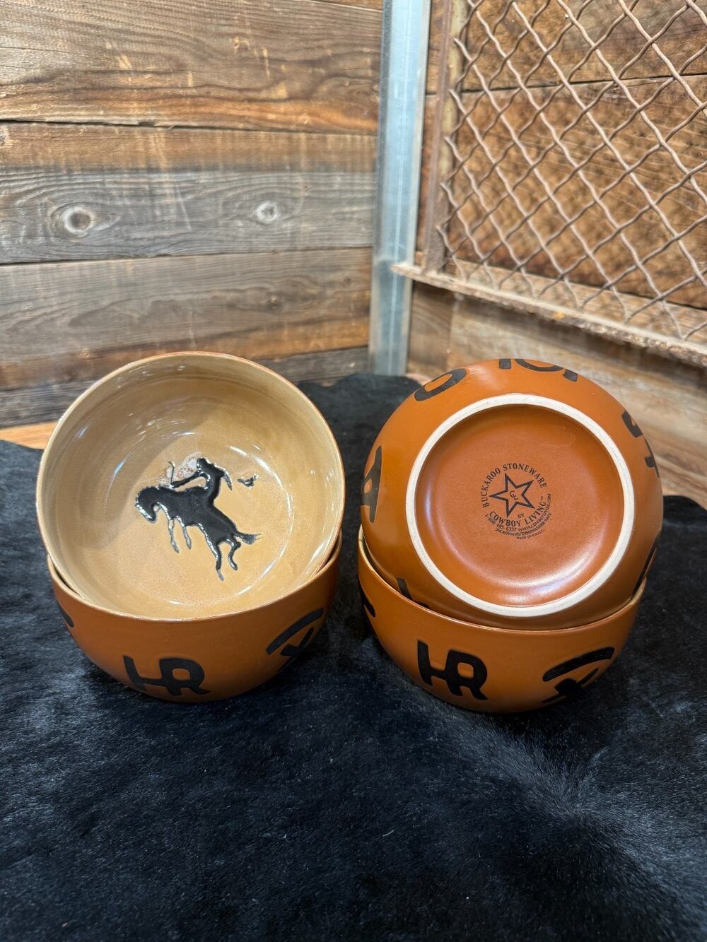 Set of 4 Cowboy Living Buckaroo Stoneware Bowls Western Cowboy Bronco Rodeo 6.5"